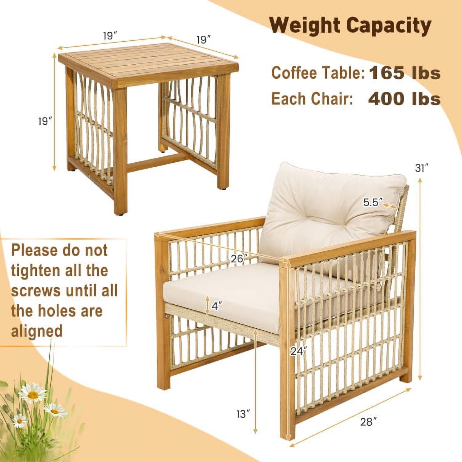 Aimee Lii 3 Pieces Patio Wicker Conversation Set with Acacia Wood Frame and Cushions, Outdoor Patio Set, Beige