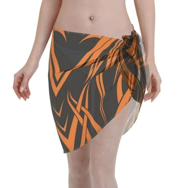 Womens Orange And Black Background Coverups Beach Short Sarong Sheer Chiffon Cover Up Bikini Wraps