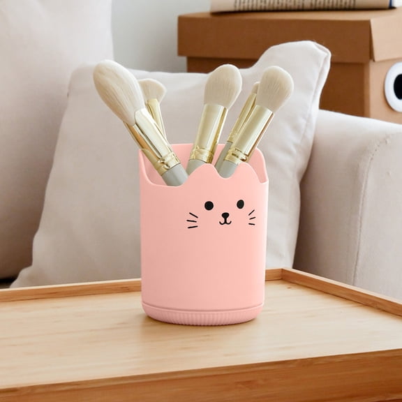 Pen Holder Pencil Holder 360 Degree Rotating Cartoon Cat Pencil Holder Large Capacity Stationery Organizer Desk Accessory, Pink