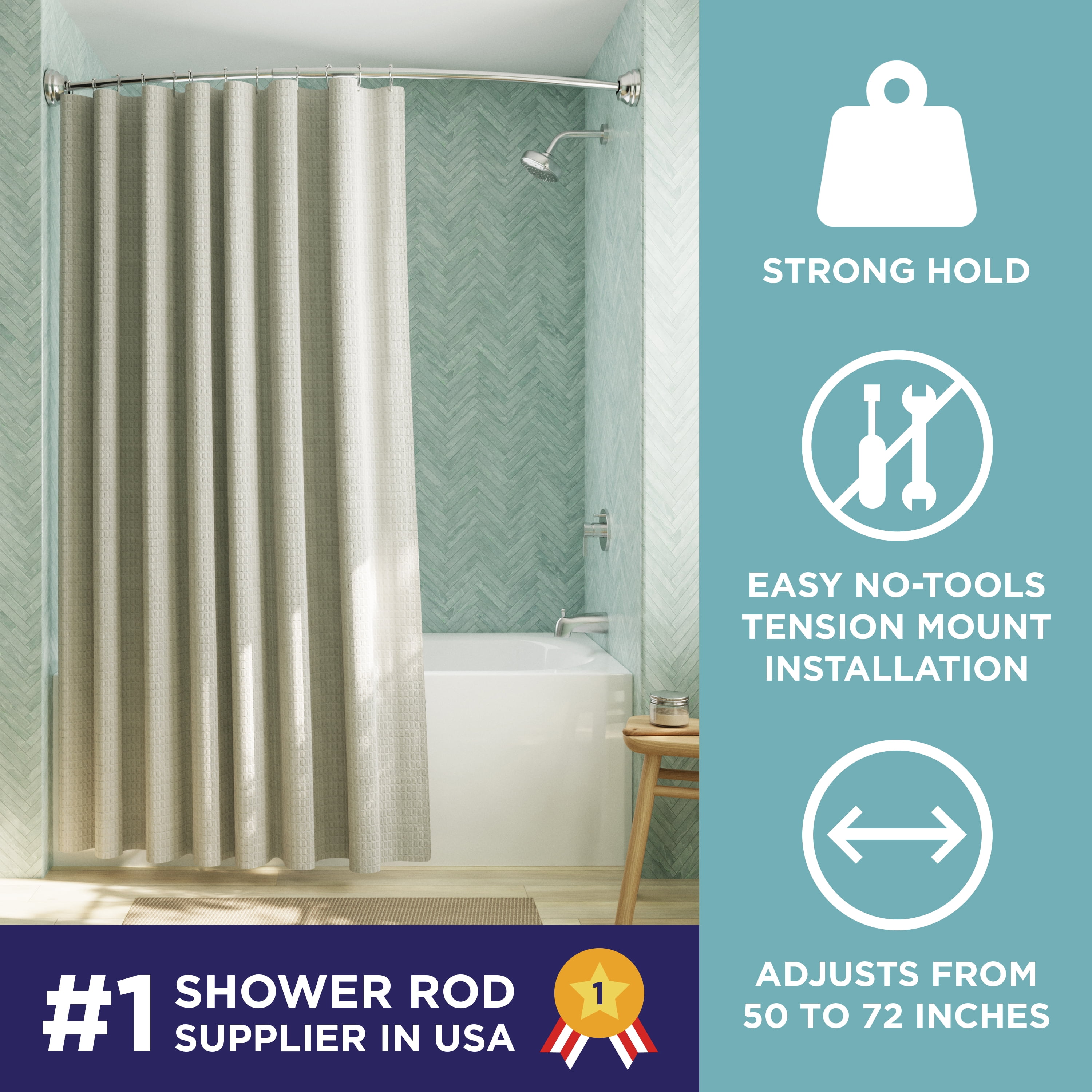 Zenna Home NeverRust Aluminum 50" to 72" Adjustable Curved Shower Curtain Tension Rod, Chrome
