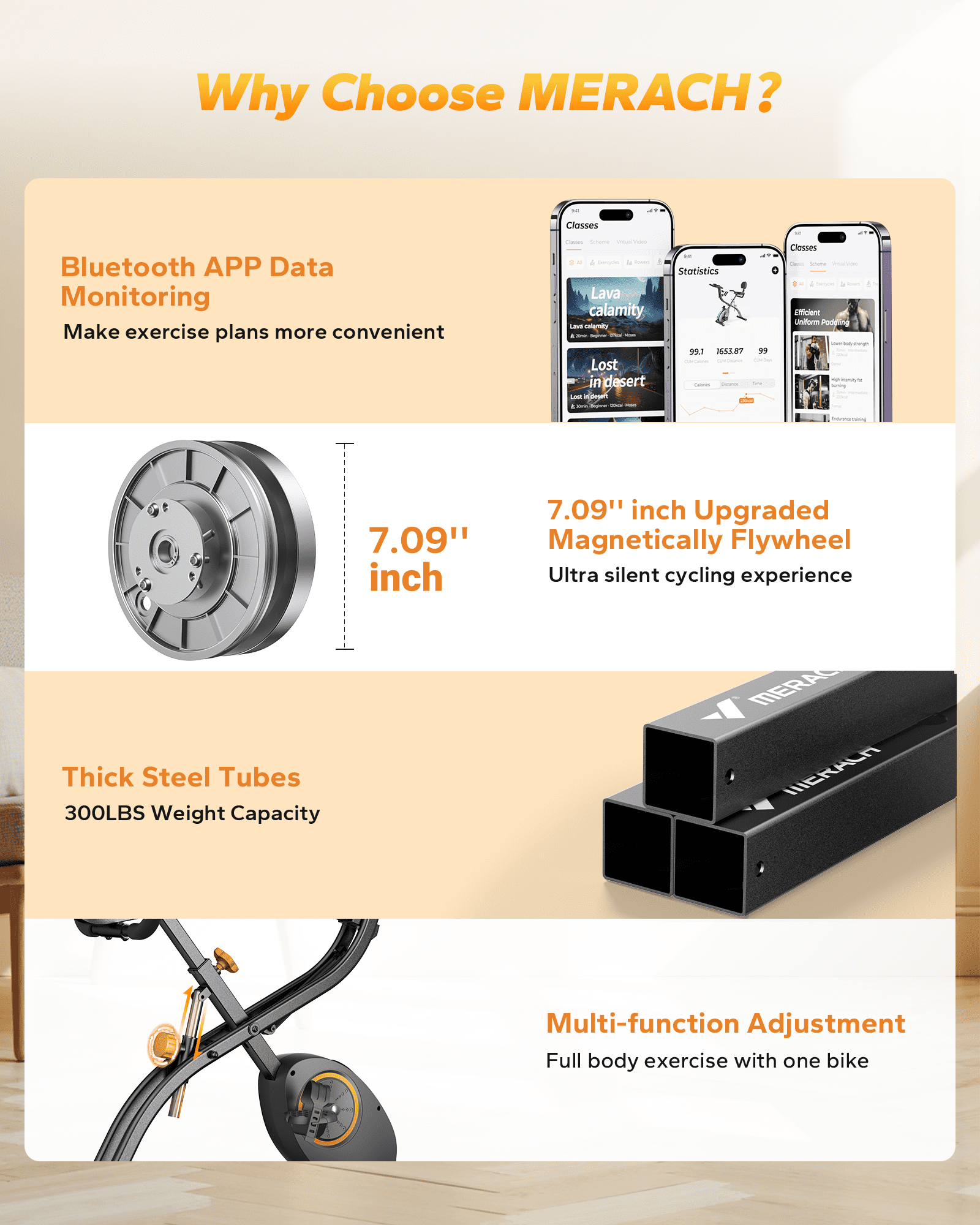 MERACH 4-in-1 Exercise Bike Quiet Folding Magnetic Upright Bikes with Arm Resistance Bands Home Workout Use,16 Levels of Resistance