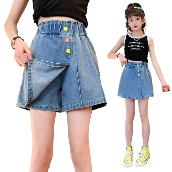 LYMAYTER Tween Girls Teen Girls Button Front Denim Skort A Line Casual Summer Regular Fit Shorts 5-14Y