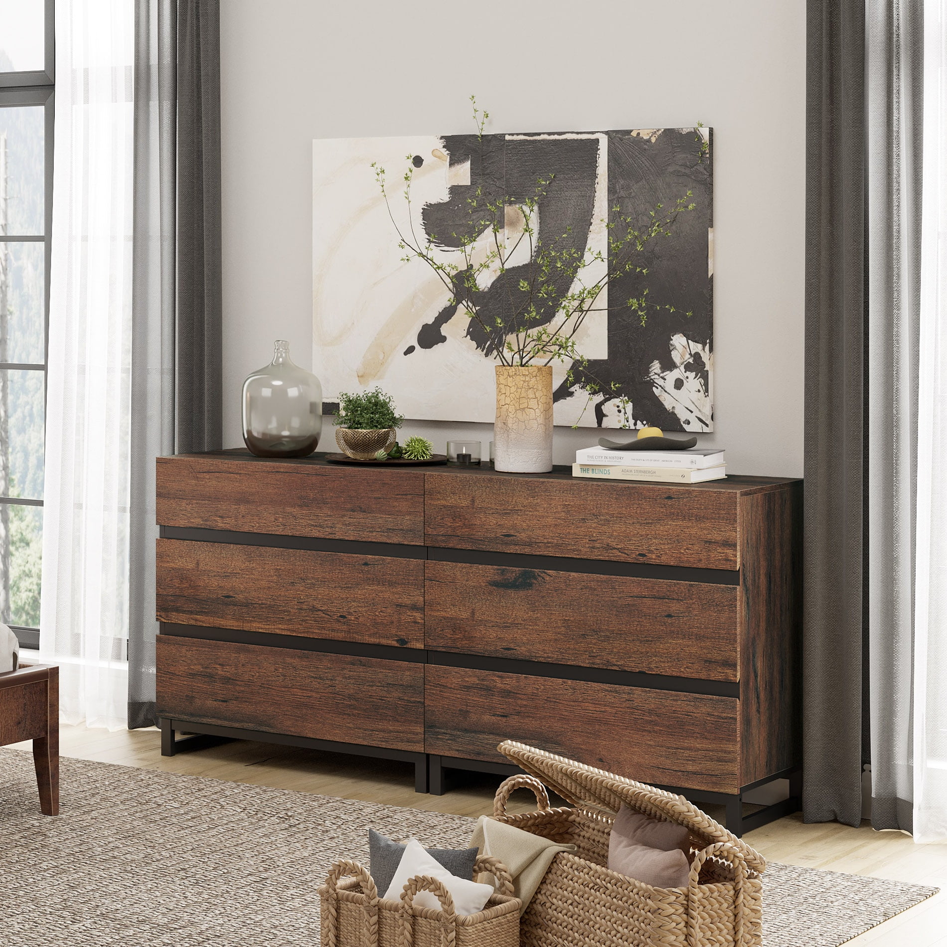 WAMPAT 3-Piece Bedroom Furniture Set, 63" Dresser & Chest with 6 Drawers, 2 Nightstands with 2 Drawers, Wooden Side Tables for Bedroom, Brown