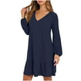 thumbnail image 5 of Puyaiuu Women's V-Neck Brushed Knit Dress, Long Sleeve Ribbed Stripe Detail, Cozy Bodycon Style for Fall Winter Gift, 5 of 8