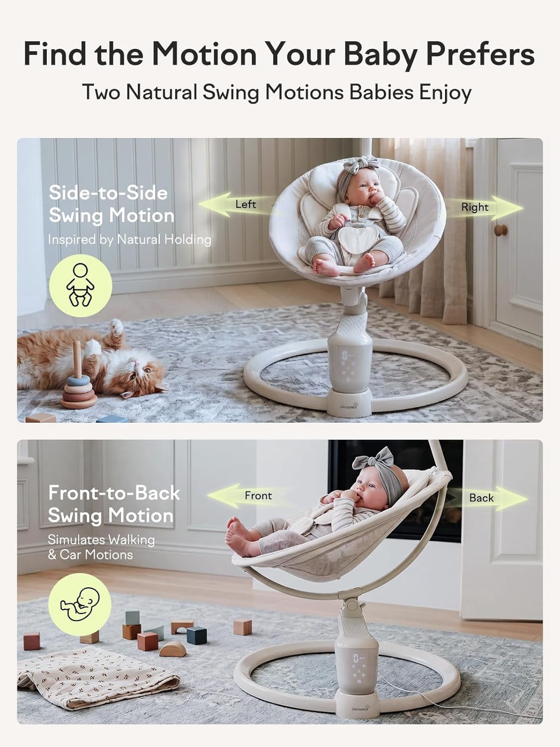 Grownsy Baby Play Swing, Smart Portable High View Swing with Music, Lightweight Foldable 360° Rotating Entertainment Chair Classic Oat - Only For Awake Babies Under Adult Supervision