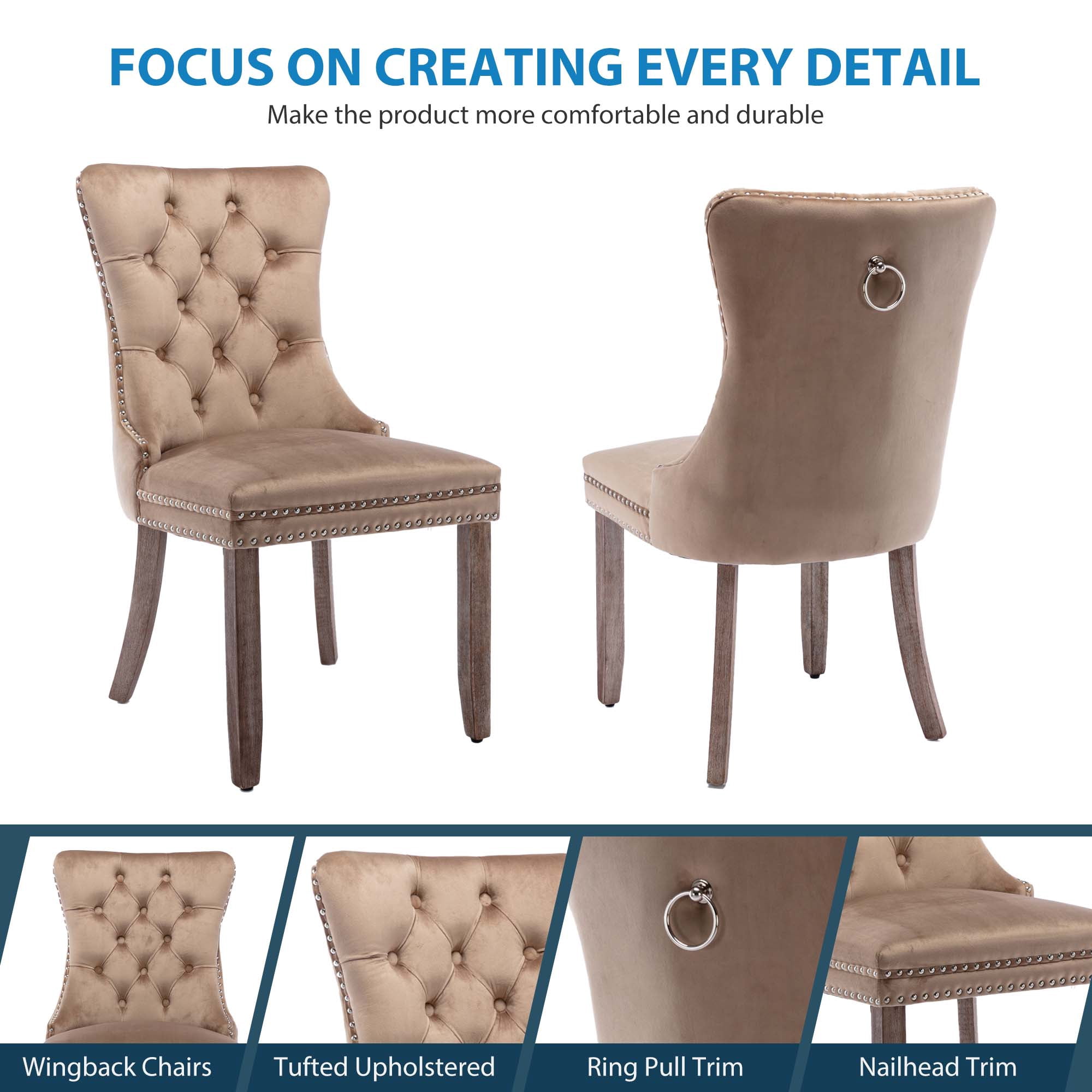 Aukfa High-End Upholstered Dining Chairs Set of 2, Modern Tufted Solid Wood Side Chair with Nailhead Trim - Khaki