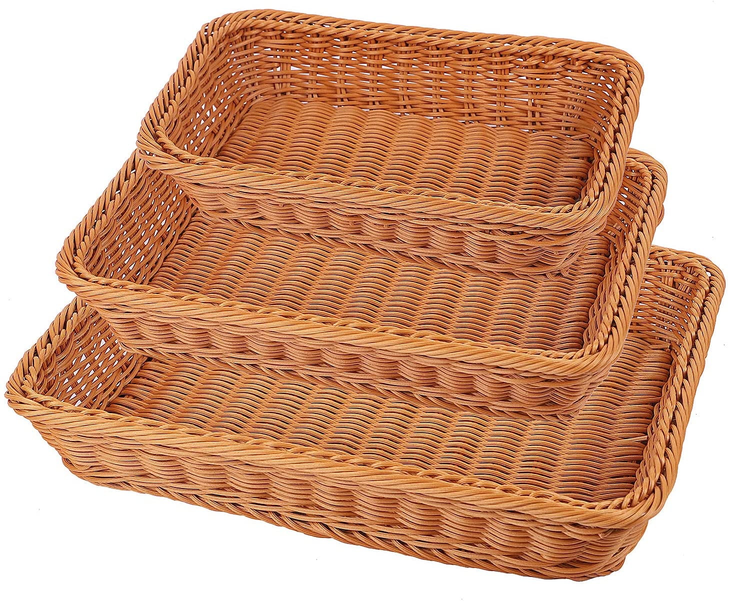 3 Packs Poly Wicker Bread Baskets Set, Handmade Woven Pantry Organizer