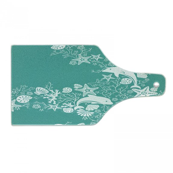 Sea Animals Cutting Board, Dolphins Flowers Sea Floral Pattern Starfish Coral Seashell Composition, Tempered Glass Cutting and Serving Board, Wine Bottle Shape, Sea Green White, by Ambesonne