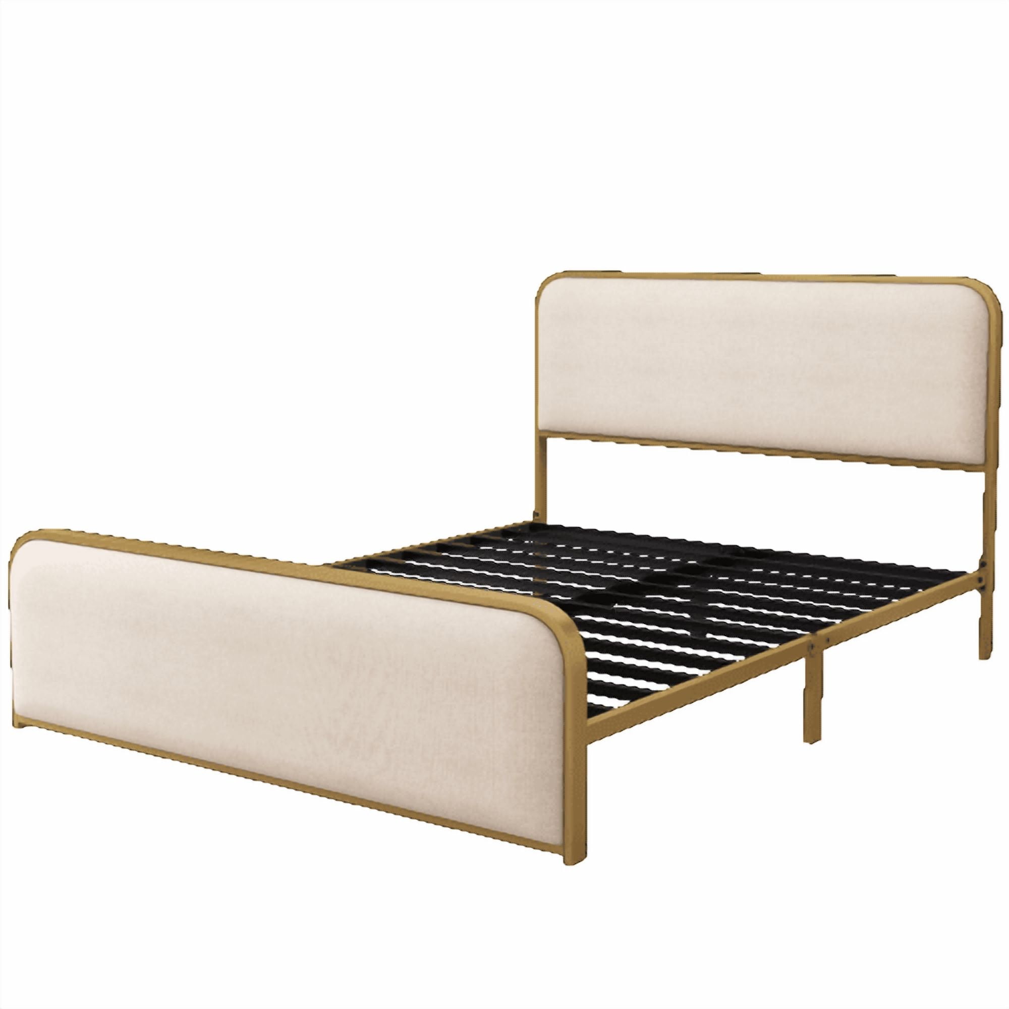 Euroco Gold Metal Bed Frame with Upholstered Headboard, Queen Size Platform Bed for Adults, Beige