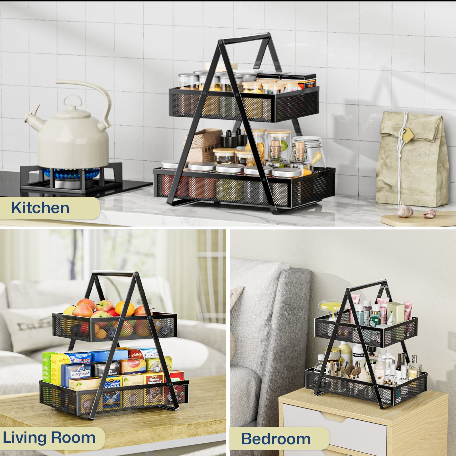 2 Tier Fruit Basket Kitchen Organizer Black Metal Handle for Fruits Vegetables Countertop Pantry Dining & Picnic