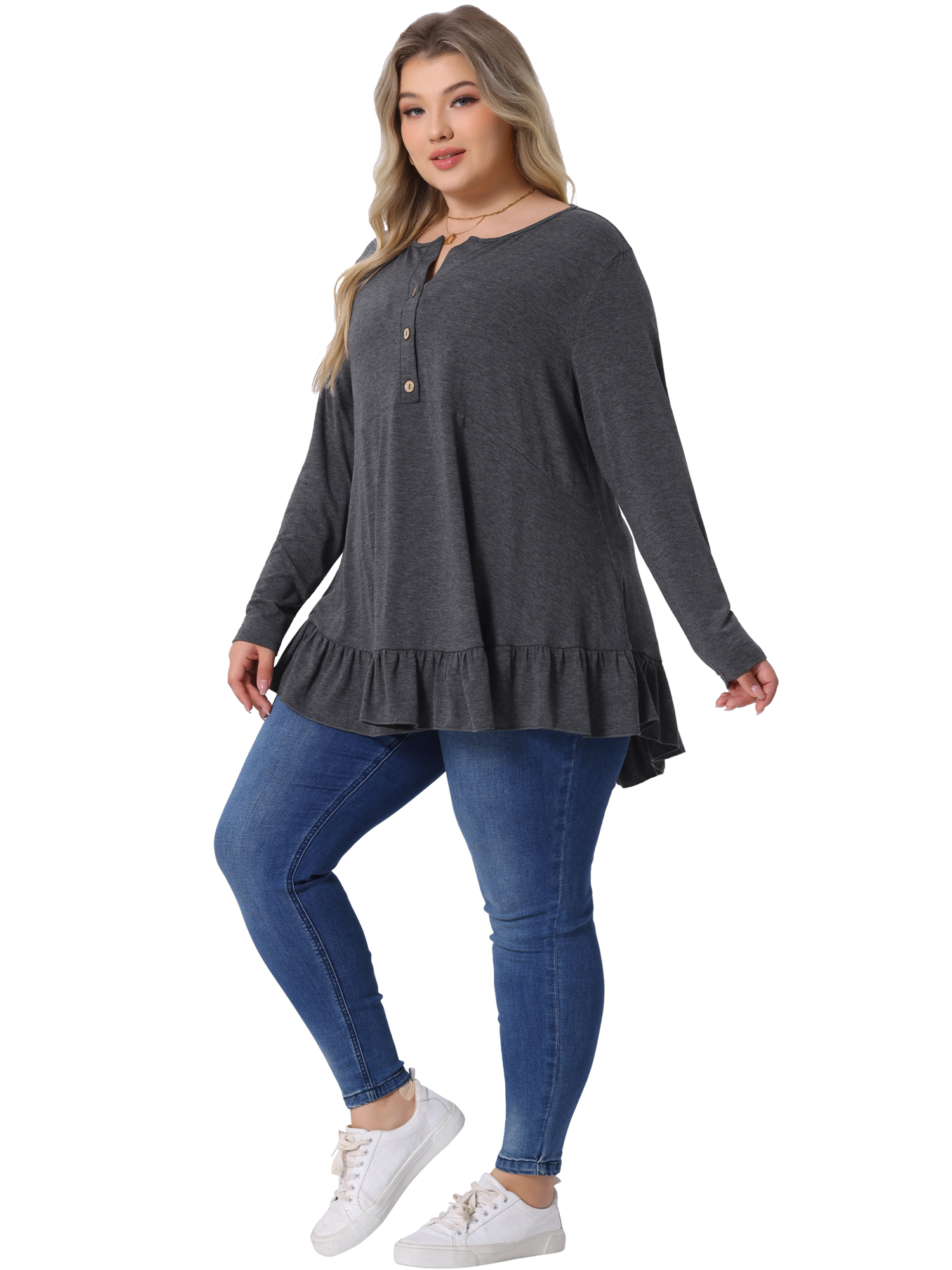 DARING DIVA Women' Plus Size Tunic Button Henley Blouses 1X Dark Gray