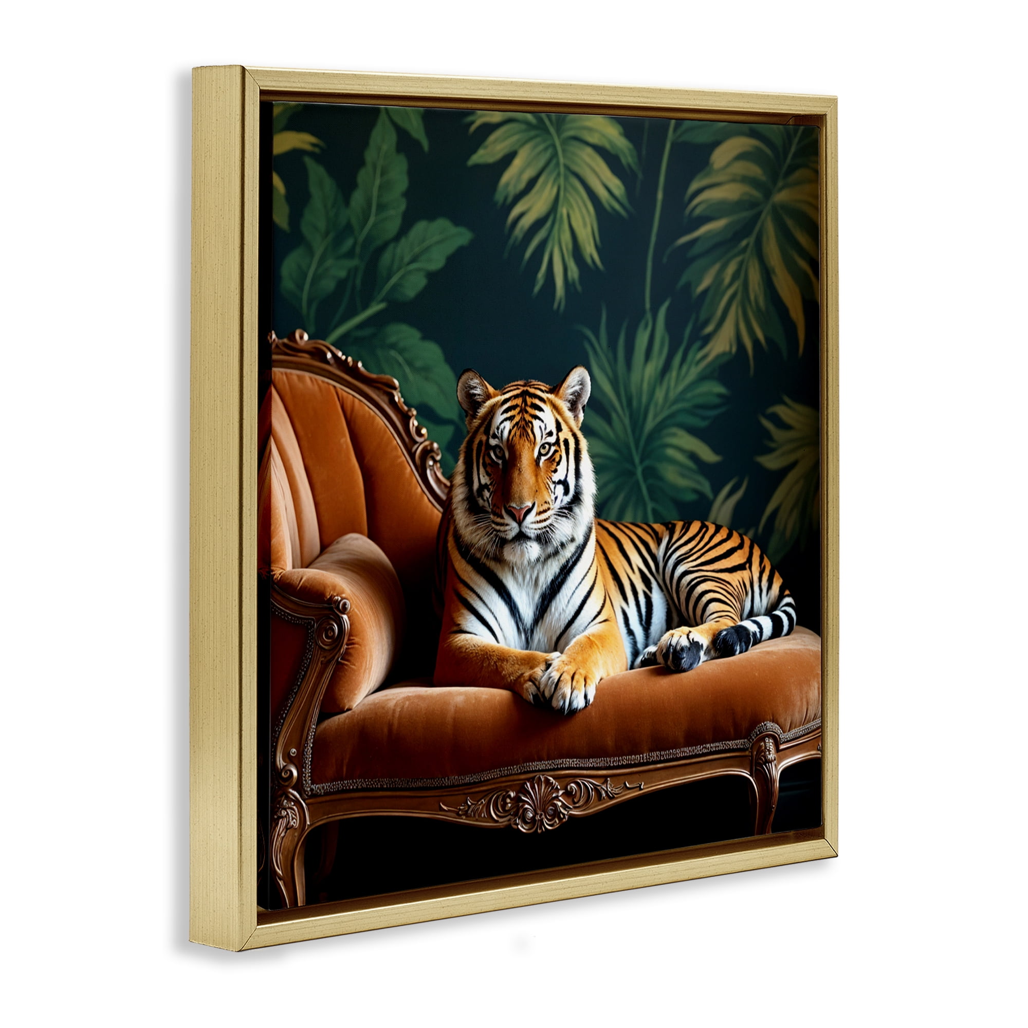Tiger Lounging on Chaise Gold Framed Floater Canvas Wall Art, design by Lettered and Lined