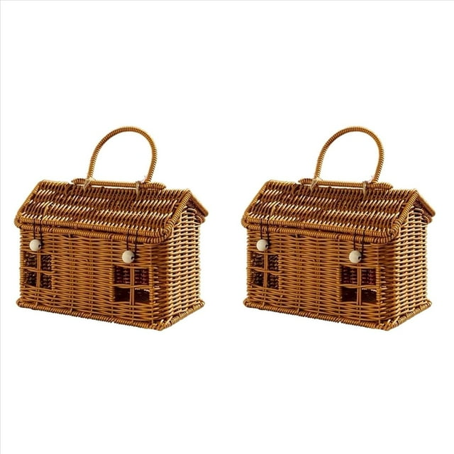 2X Cesta de Imitación de Ratán con Forma de Casa y Tapa, Organizador de Estantes Tejido A Mano con Asa Plegable, Cesta de Mimbre para Cosecha.