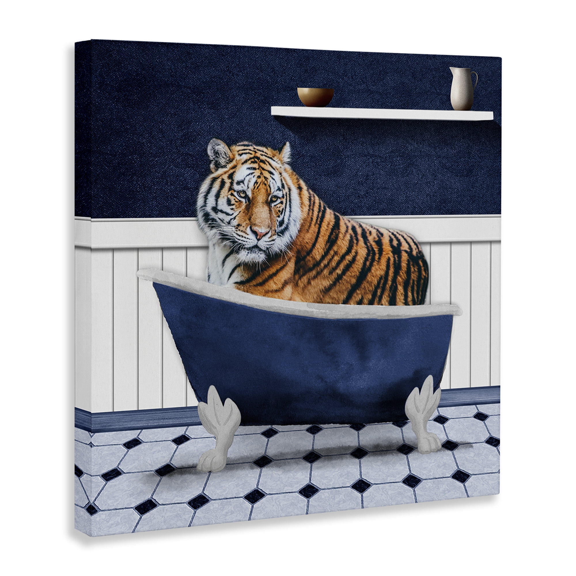 Stupell Industries Tiger in Blue Bathroom Bath & Laundry Painting Wrapped Canvas Art Print Wall Art, 17 x 17