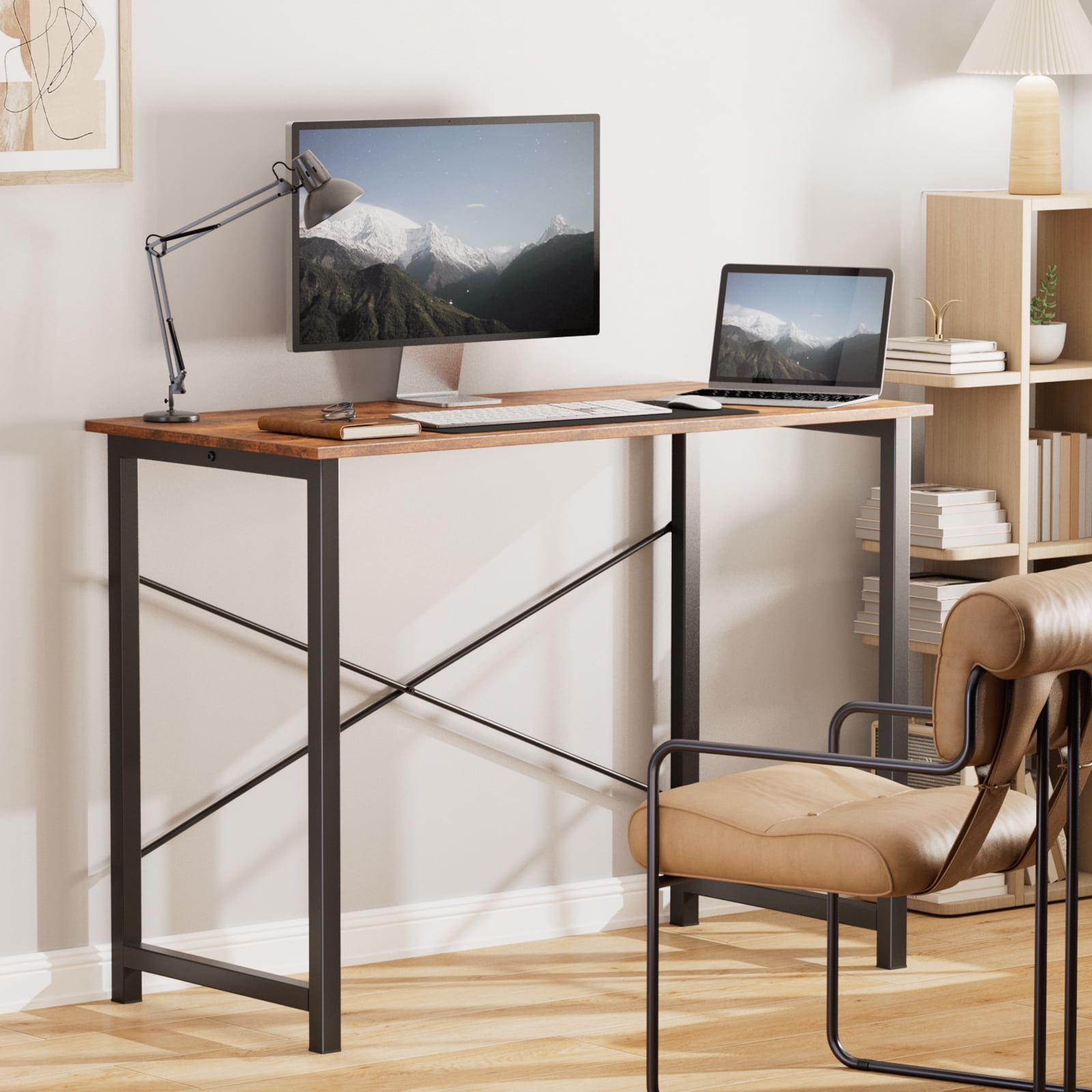 EDX Small Computer Desk 40 Inch Writing Desk with Storage Bag Iron Hook Metal Frame for Home, Rust
