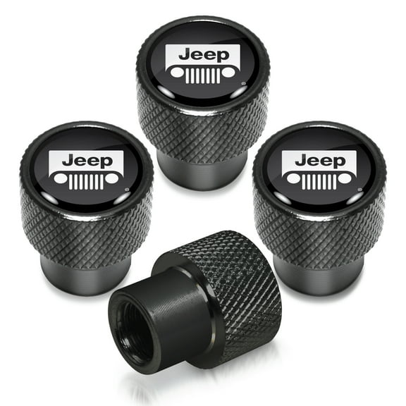 Jeep Grill in Black on Black Aluminum Tire Valve Stem Caps