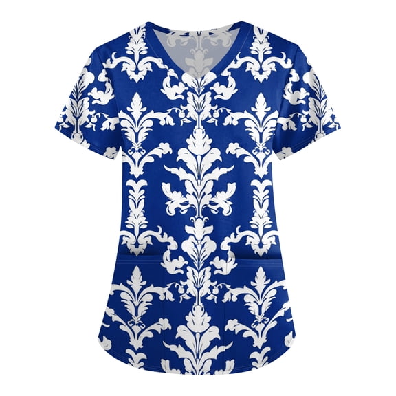 ASDFVBKG Medical Women's Scrub Top Short Sleeve V Neck Working Top with Pocket Floral Printed Plus Size Casual Workwear Scrub Tops Royal Blue S
