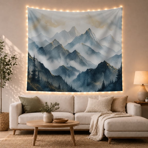 Misty Peaks with Evergreen Trees in a Tranquil Landscape, Dreamy Watercolor for Nature Lovers, Atmospheric Mountain Decor, Housewarming Gift, Tapestry Wall Hanging for Bedroom and Living Room