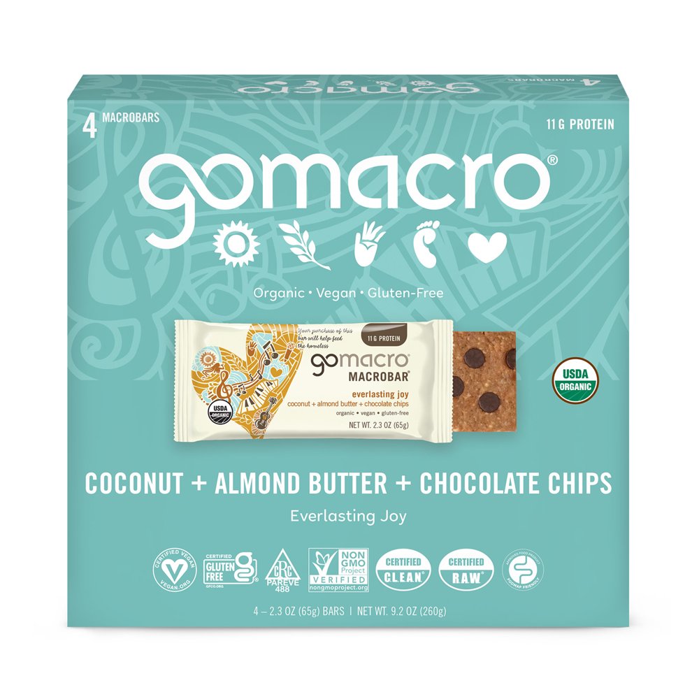 GoMacro MacroBar, Coconut + Almond Butter + Chocolate Chips, Organic Vegan Protein Bars, 4 ct