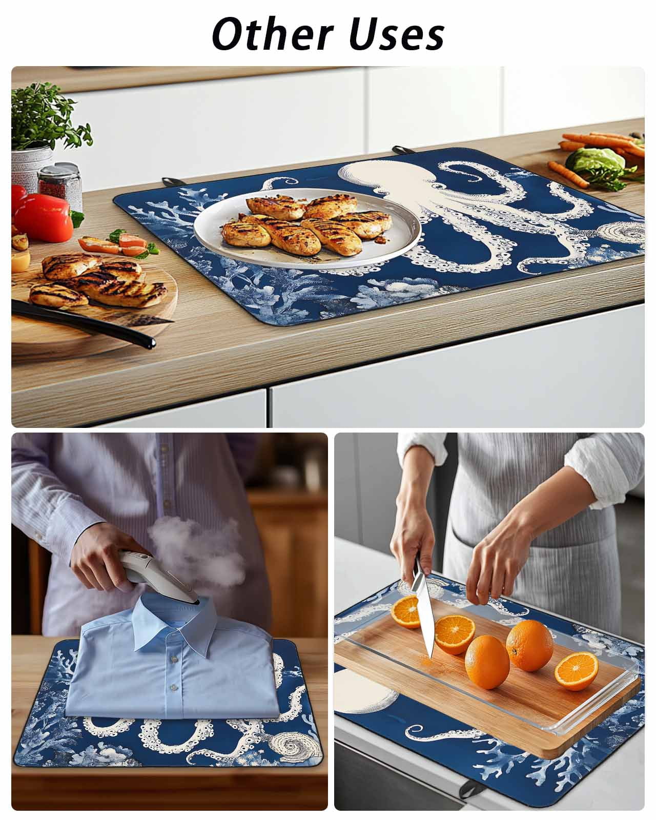 Stove Top Covers for Electric Stove, Beige Octopus Coastal Glass Stovetop Cover Protector, Navy Blue Nautical Ocean Coral Induction Cooktop Protector Oven Mat for Kitchen Countertop 24"x21"