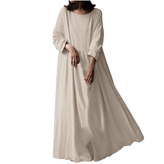 HomeGardon Women Dress Women Casual Loose Fitted Long Sleeve Crew Neck Oversized Dress with Two Pockets Plus Size Swing Solid Cotton Linen Tshirt Dresses Black,S-XXL