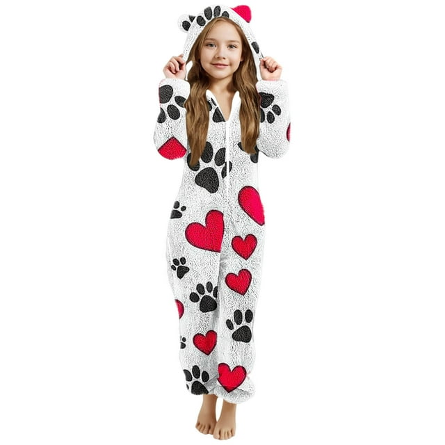 Pyjama pour Filles, Combinaison de Nuit Chaude d'Hiver à Manches Longues avec Capuchon, Combinaison Pyjama pour Filles