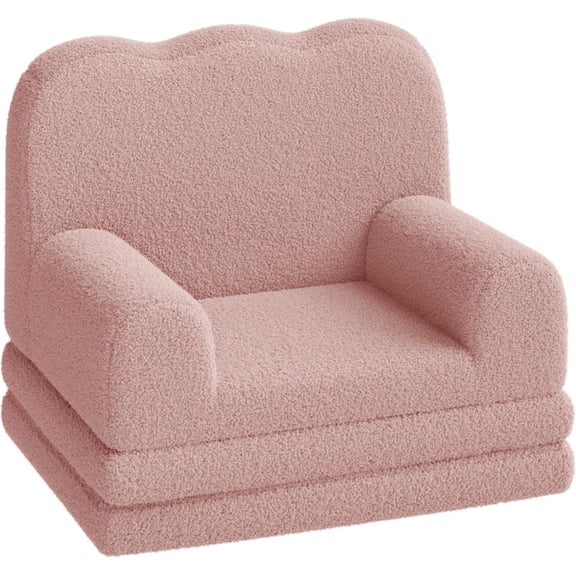 Kids Couch, 2-in-1 Convertible Teddy Fleece Fabric Toddler Sofa Chair, Soft Fold Out Couch Lounger for Kids, Comfy Children's Sofa Bed for Playroom, Nursery, Birthday Gift (Pink)