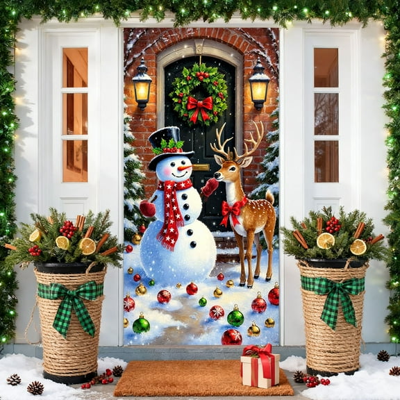 Christmas Door Cover - Santa-Print Door Banner Weather-Proof Fast Install, Indoor Outdoor Holiday Backdrops for Entryway or Party Photo