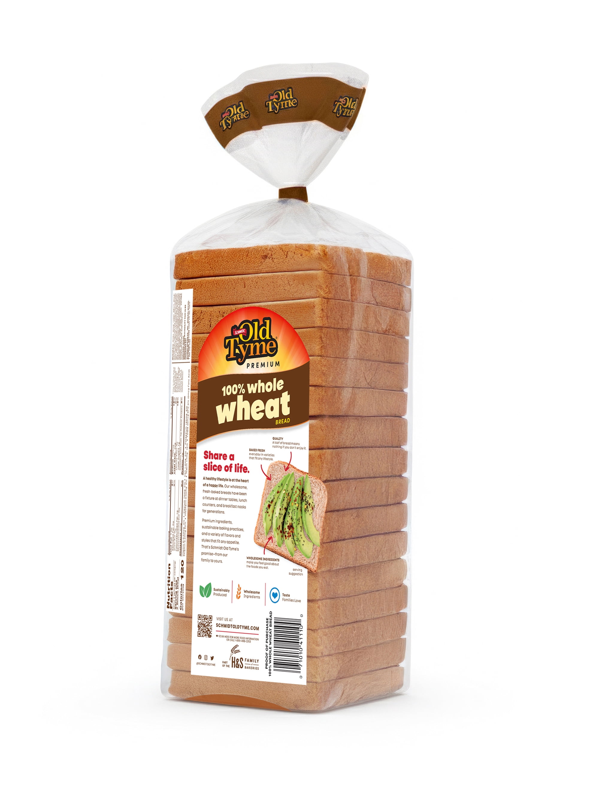 Schmidt's Old Tyme 100% Whole Wheat Bread, 16 oz, Fresh Bakery, Shelf-Stable
