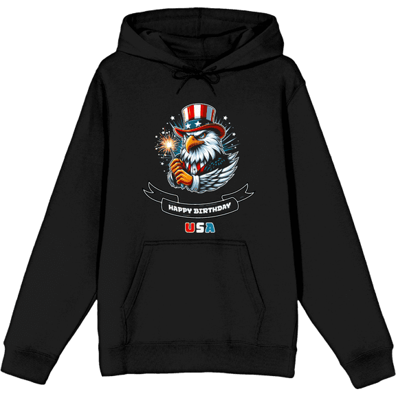 Americana Happy Birthday USA Black Adult Long Sleeve Hoodie-Medium