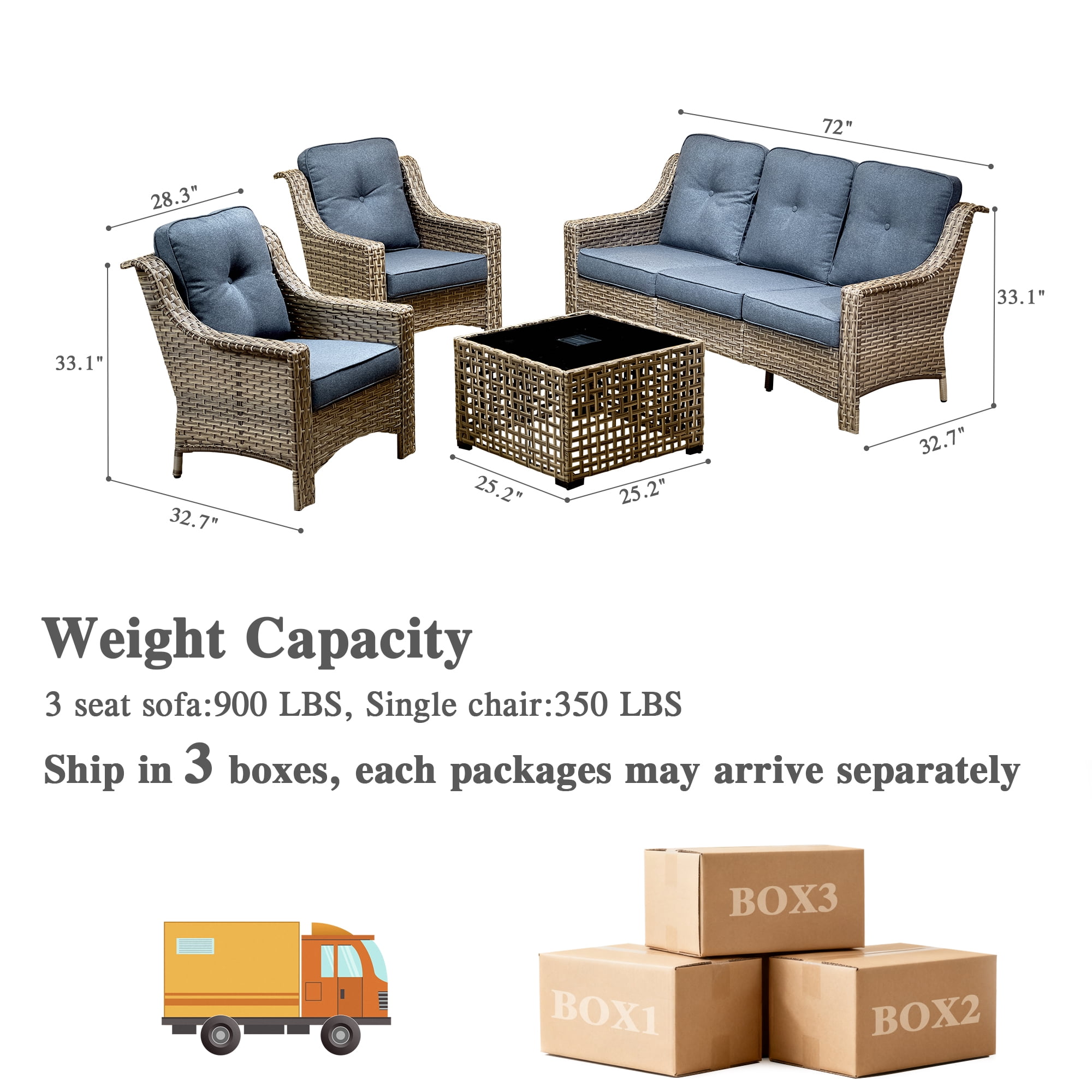 Ovios 4 Pieces Outdoor Furniture Set High Back All-Weather Wicker Patio Conversation Set with Solar Light Coffee Table, Denim Blue