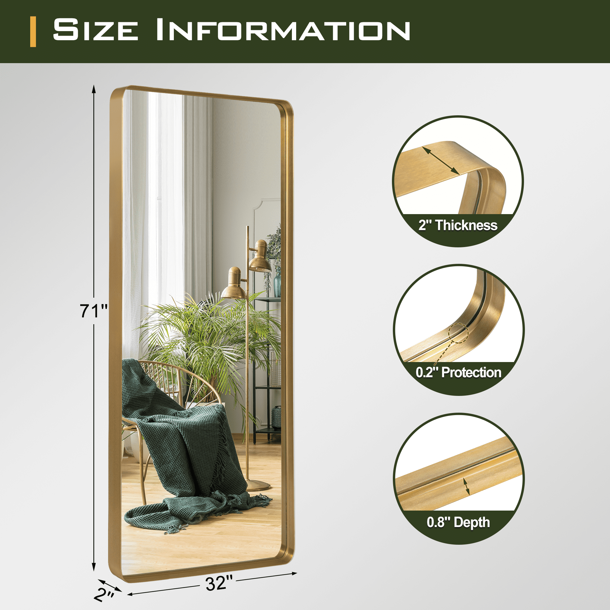 71"x32" Aluminum Alloy Wall Mount Rounded Corner Rectangular Mirror,Gold no stand