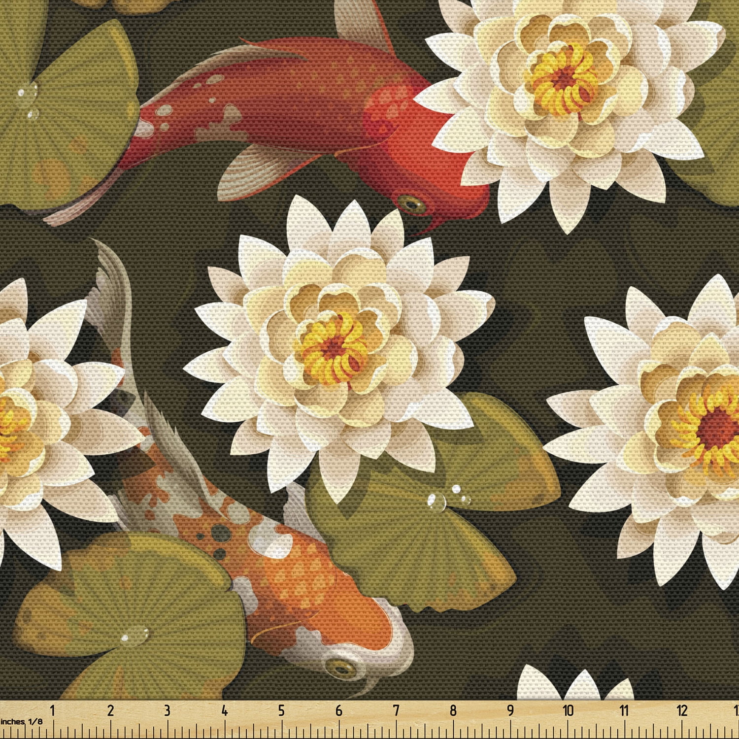 Asian Fabric by The Yard, Japanese Carp Koi Fish with Lotus Flowers