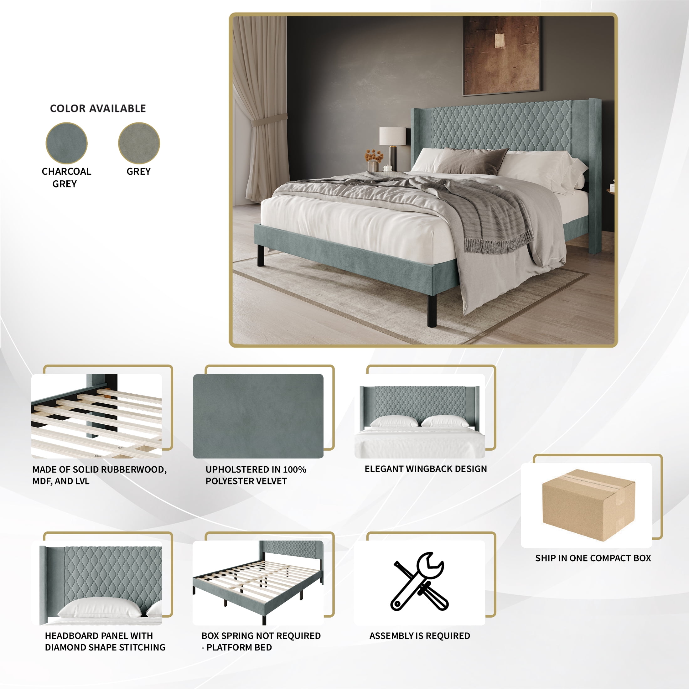 Castle Place Transitional Diamond-Stitched Velvet Wingback Queen Platform Bed, Grey