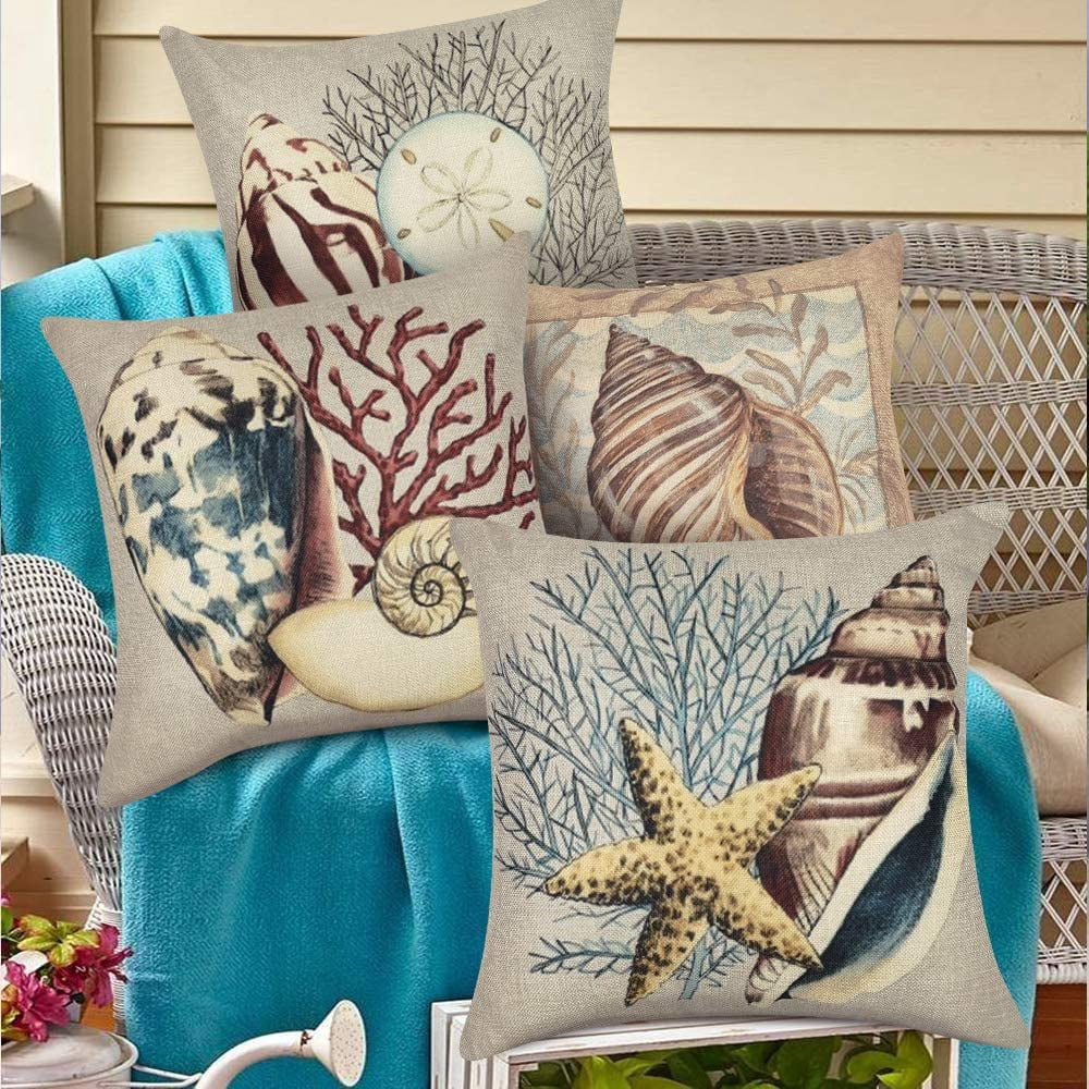 Nautical Conch Decorative Throw Pillow Covers 18x18, Set