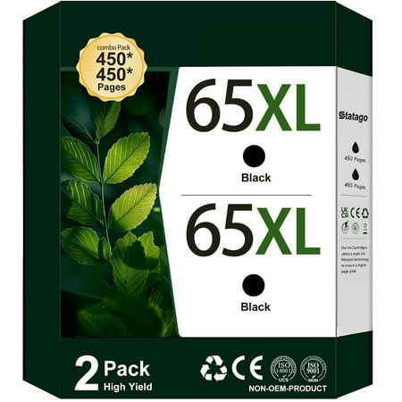 65XL Ink Cartridges Compatible for HP 65 Black Ink Cartridge or Envy 5055 5000 5052 5014 Deskjet 3755 2652 3752 2655 AMP100 120 125 Printer, 2 Black