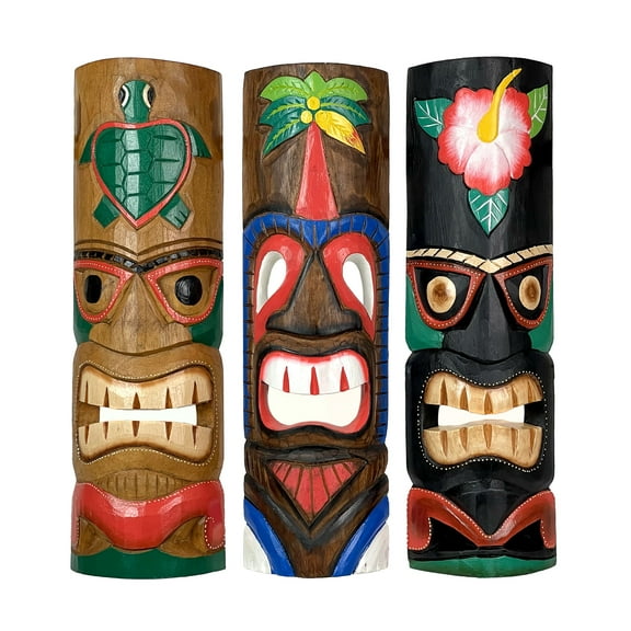 Zeckos Hand Carved Wood Hawaiian Island Tiki Wall Décor Set of 3