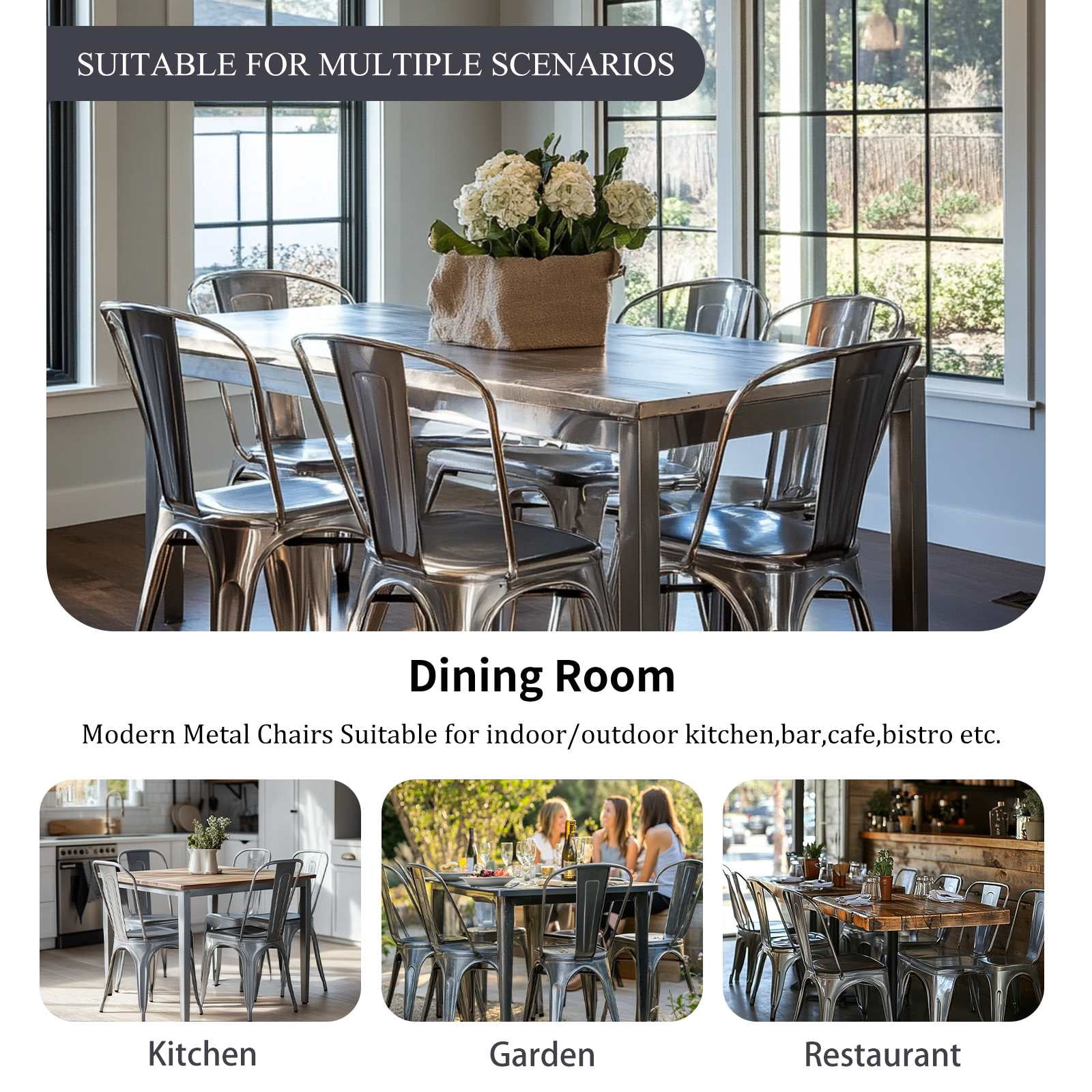SOLEGGIATA Metal Dining Chairs Set of 4 Silver Outdoor Metal Chairs for Farmhouse Kitchen,Bistro,Dining Room,Patio Moonlight Silver Color