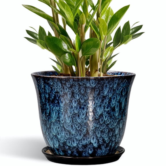 10 Inch Plant Pot - Ceramic Planter with Drainage Hole and Saucer, Round Flower Pots for Indoor Outdoor, Modern Decorative Planter for Plants, Home Office Decor, Plant Lover Gifts, Blue