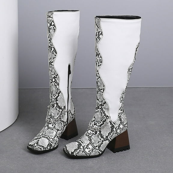 CALAFEBILA Womens Casual Shoes Camouflage Oversized Fall/Winter Velvet Lining Color Matching Rectangle Toe Thick High Heels Long Chain Boots