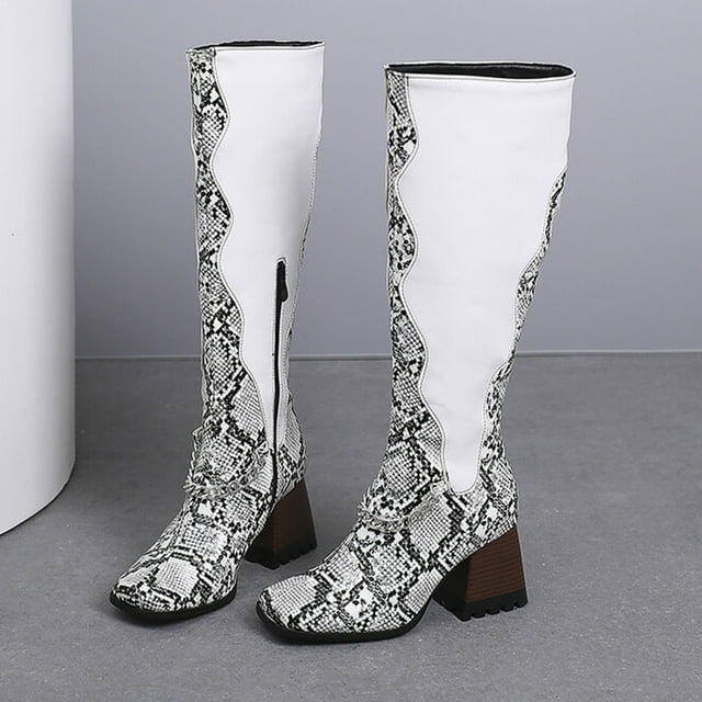 EGNMCR Knee High Boots Oversized Women's Fall/Winter Velvet Lining Color Matching Rectangle Toe Thick High Heels Long Chain Boots