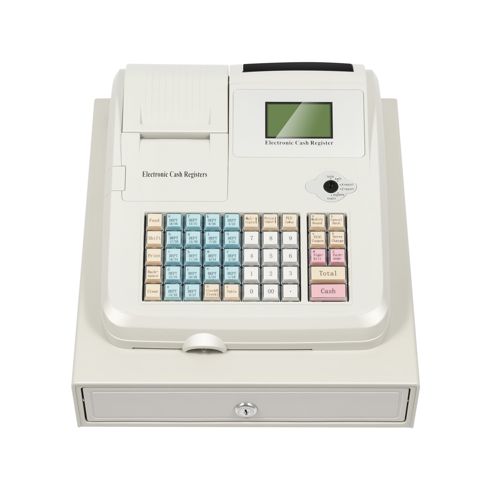 Electronic Cash Register 48-Key POS System with 5 Coin & 4 Bill Slots for Retail Stores Grey White