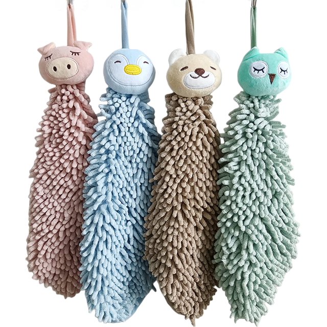Ivymei 4 Pack Cute Animal Chenille Towels, Absorbent Hanging Towels for Bathroom, Quick Dry with Loop (Mix Color)
