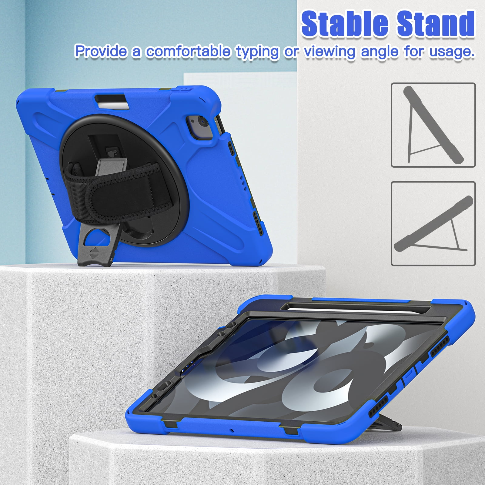 ELEHOLD Case For Apple iPad 11th(A16) 2025/10th Gen 2022, Military Grade Silicone Hybrid Rugged Case with Pencil Holder Rotating Stand Hand/Shoulder Strap,Blue
