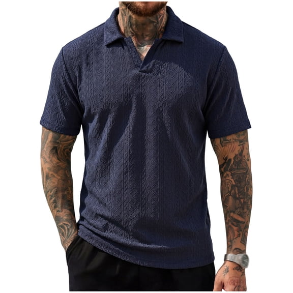 KIHOUT Men's Jacquard Textured Knit Polo Shirt, Retro Open Collar Short Sleeve Casual Fashion Top for Everyday Wear