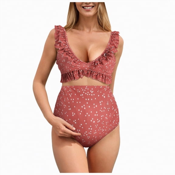 Rotm Maternity Swimsuit Maternity Bikini Swimsuit for Women High Waisted Two-Piece Bathing Suit Crop Top Pregnancy Swimwear Pink,L