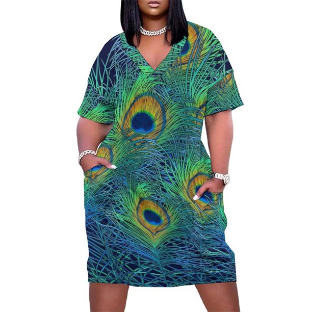 peacock pattern for women Loose Pocket Dress Female dress clothes