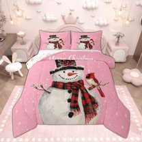 Manfei Kawaii Snowman Bedding Comforter Set for Kids Children, Merry Christmas Twin Comforter Sets, Snow Cardinal Bird Bedding Set, Pink Home Decor Reversible 2pcs