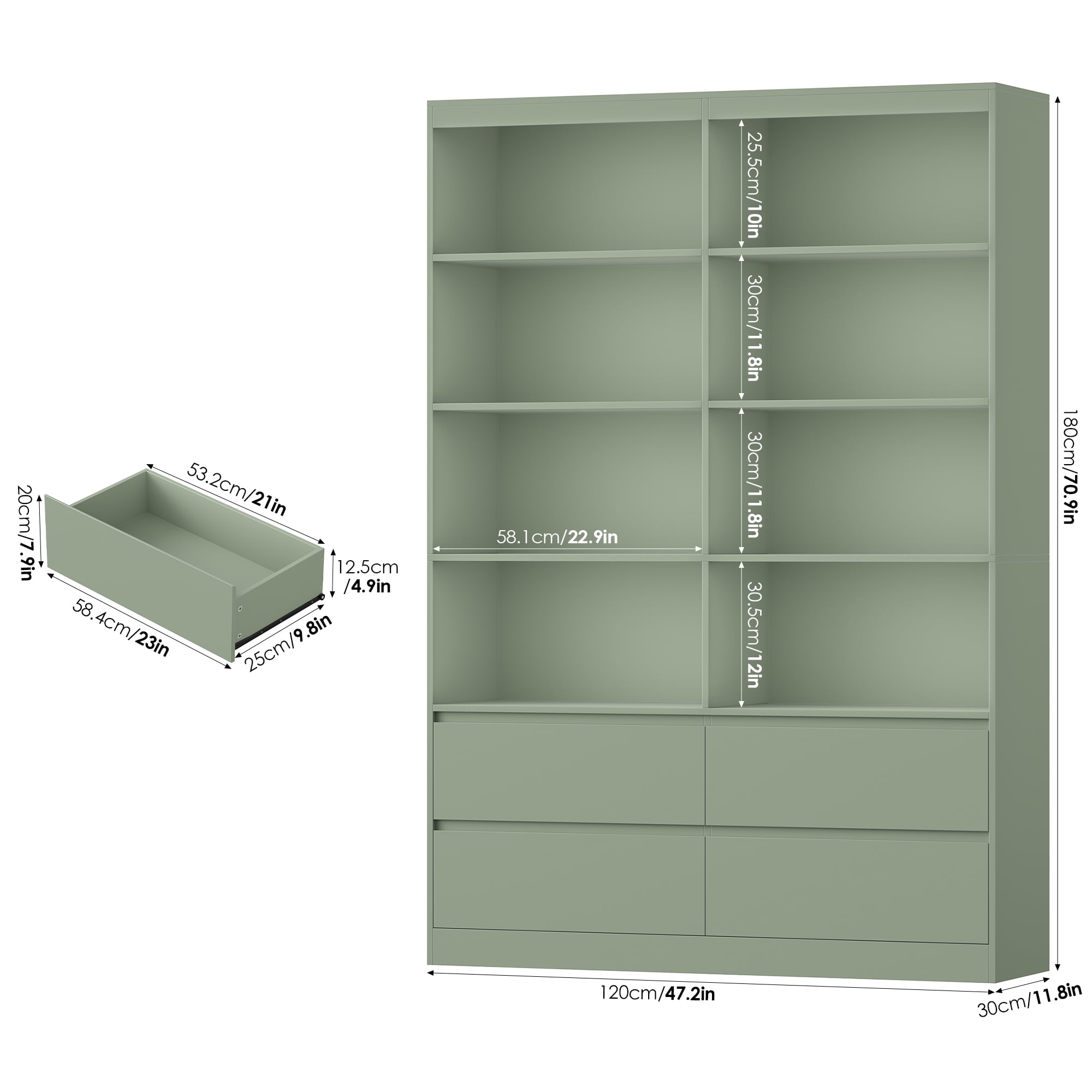 Homfa 71″ Tall Bookcase with 4 Drawers, 8 Cubes 6-Tier Double Row Bookshelf, Bookcase for Home Office Living Room, Green
