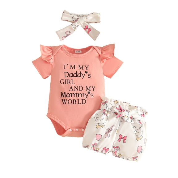 YDFCWXW Baby Girl Clothes Set Daddys Little Girl Ruffle Romper Top Shorts Baby Girl Outfit (Pink, 3-6 Months)